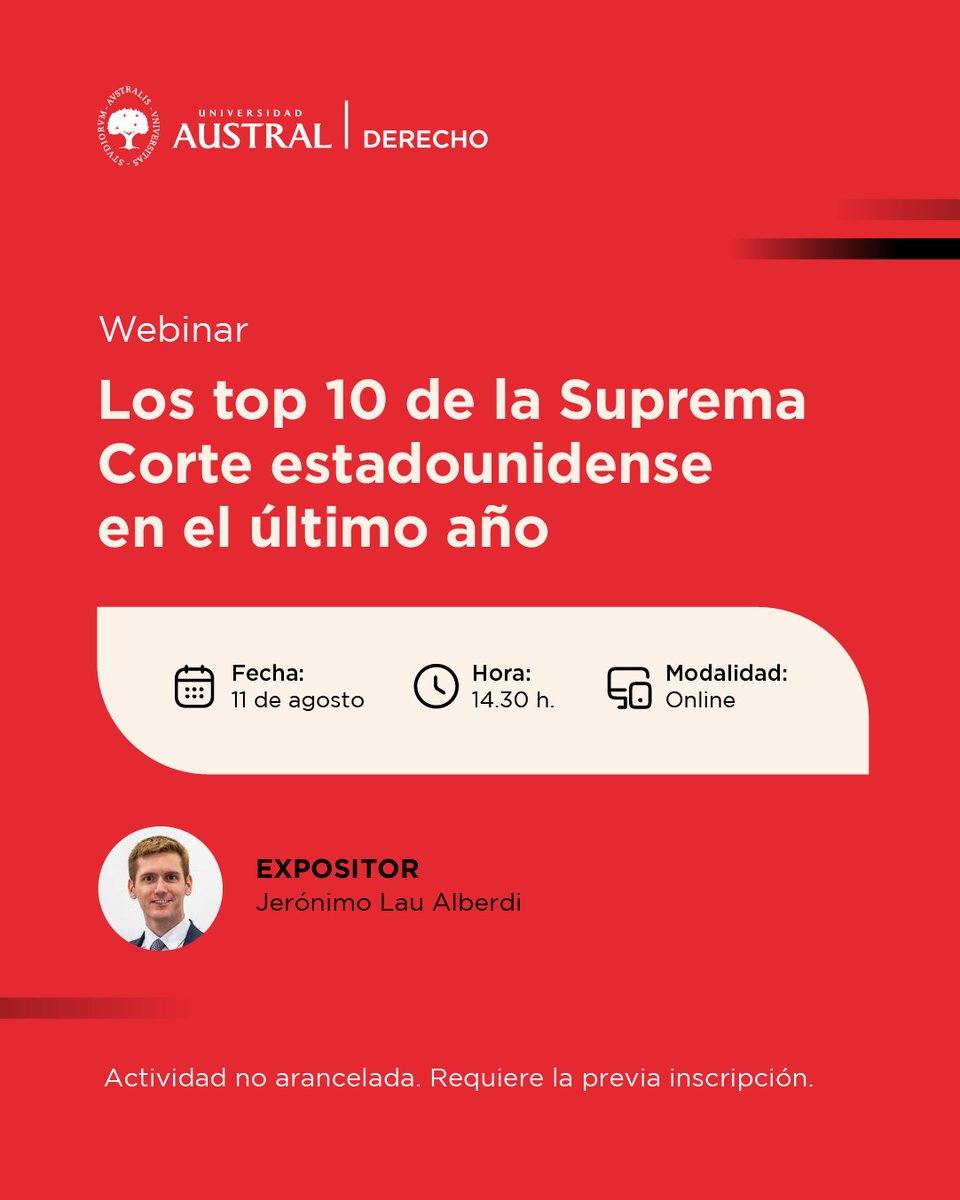 AustralDerecho's tweet image. 🇺🇸⚖️¿Sabés cuáles fueron los top 10 de la Suprema Corte estadounidense en el último año?
El profesor @JLauAlberdi hará un repaso de los casos más relevantes, analizando su impacto y alcance en la masterclass online del 11/8 -⏰ 14.30hs (Arg.)
👉cuf4.short.gy/zy9n6k