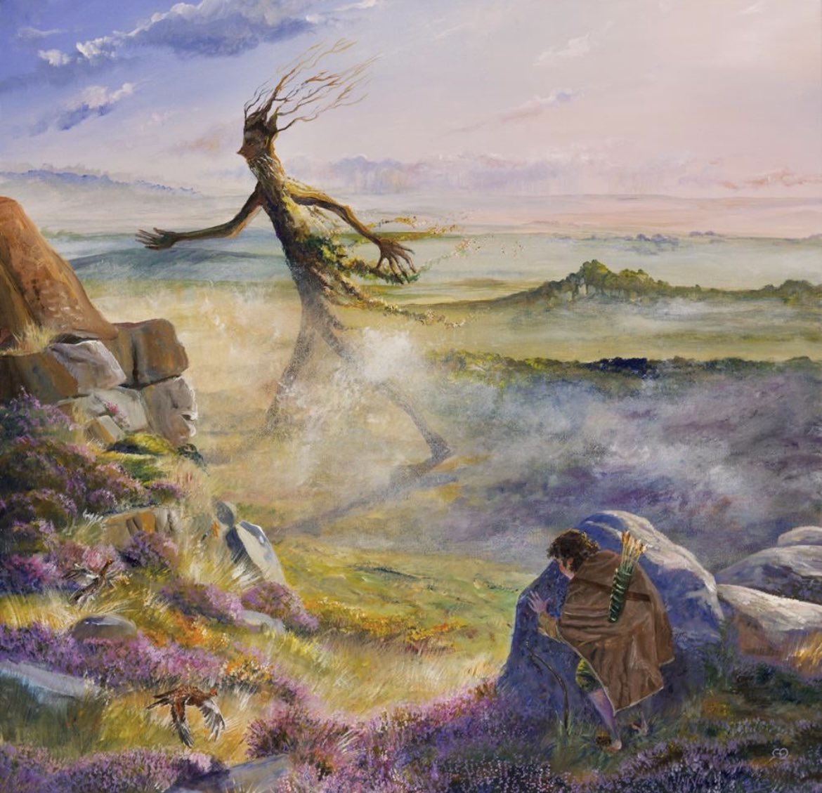 TolkienWorldG's tweet image. Do you think Sam's cousin Hal saw an Ent beyond the Shire's North Moors?
Art by Miriam Ellis