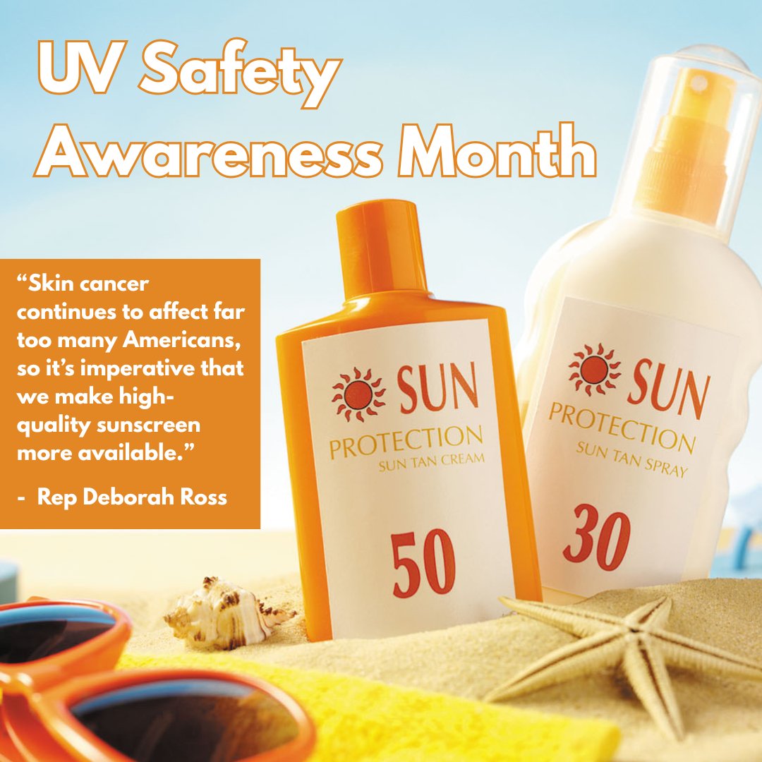 RepDeborahRoss's tweet image. When you're at the beach or pool this summer, don't forget your sunscreen! July is UV Safety Awareness Month, when we encourage safe sun practices.
Protecting people from UV radiation is why I introduced the Safe Sunscreen Standards Act to modernize the sunscreen approval…