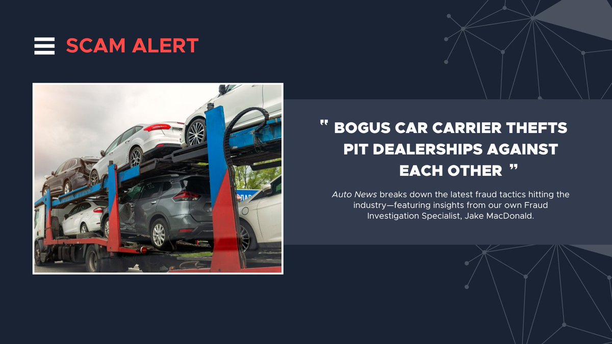 🚨 Scam alert for dealerships:

Fake carriers are stealing vehicles by posing as real transporters.

Our fraud expert Jake MacDonald shares his insights in this Auto News article.

Link → hubs.li/Q03y3qPY0
