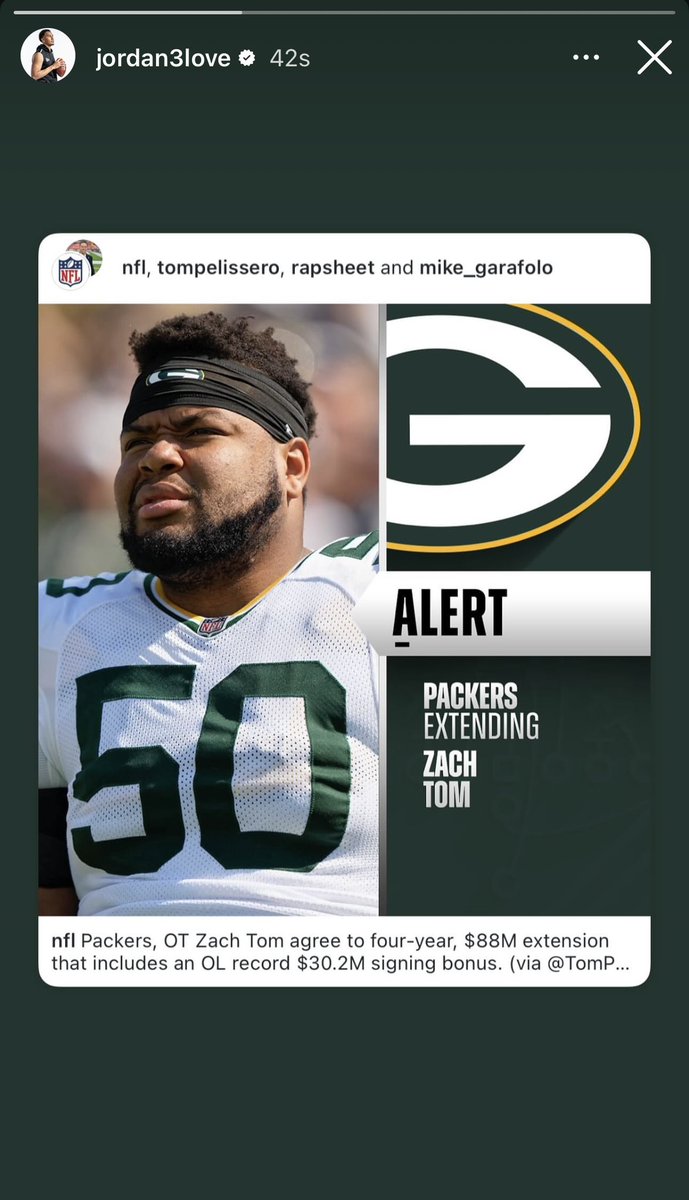 mattschneidman's tweet image. Seems like Jordan Love approves of Zach Tom’s new deal:
