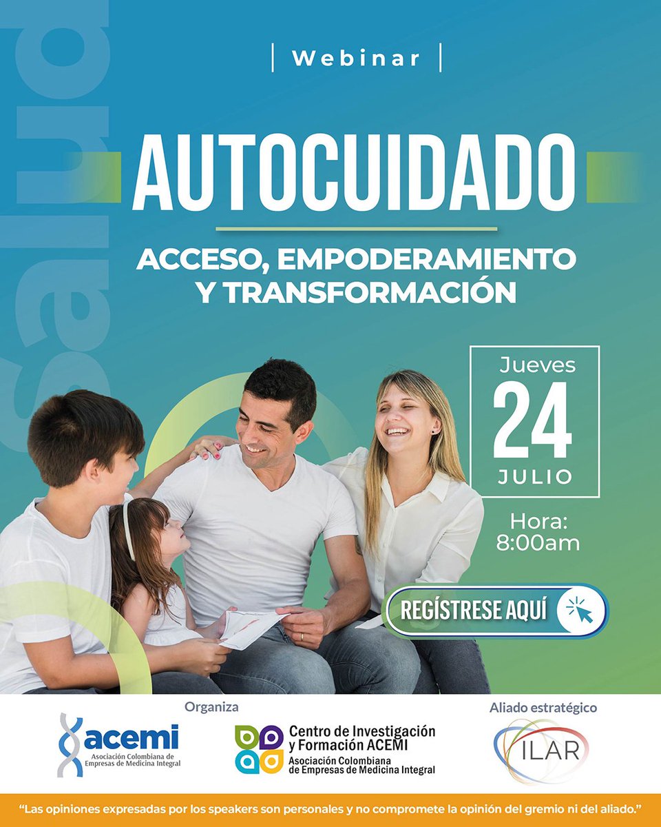 ACEMI (@acemi_gremio) on Twitter photo Con motivo del día #DiaInternacionalDelAutocuidado este jueves 24 de julio a las 8:00am (Hora Colombia) unidos con <a href="/infoilar/">ILAR - Autocuidado Responsable</a> realizaremos el webinar 'Autocuidado: Acceso, empoderamiento y transformación'.
Un espacio académico poner el #Autocuidado en el centro de la Con motivo del día #DiaInternacionalDelAutocuidado este jueves 24 de julio a las 8:00am (Hora Colombia) unidos con <a href="/infoilar/">ILAR - Autocuidado Responsable</a> realizaremos el webinar 'Autocuidado: Acceso, empoderamiento y transformación'.
Un espacio académico poner el #Autocuidado en el centro de la