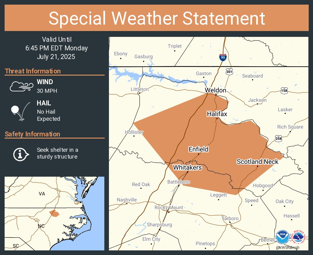 NWSRaleigh's tweet image. A special weather statement has been issued for Enfield NC, Scotland Neck NC and Weldon NC until 6:45 PM EDT
