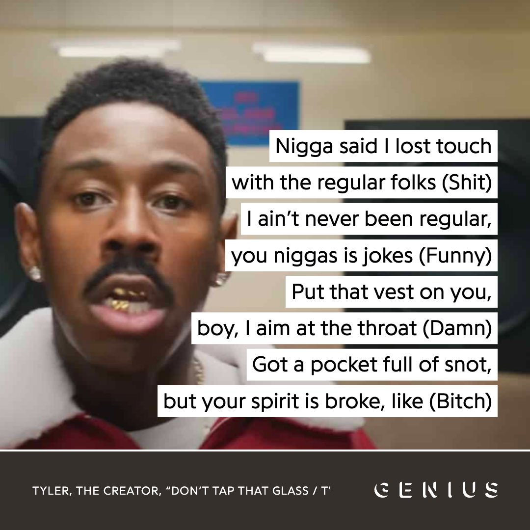 Genius's tweet image. what’s your favorite verse from #tylerthecreator’s ‘don’t tap the glass’ 👇🗣️