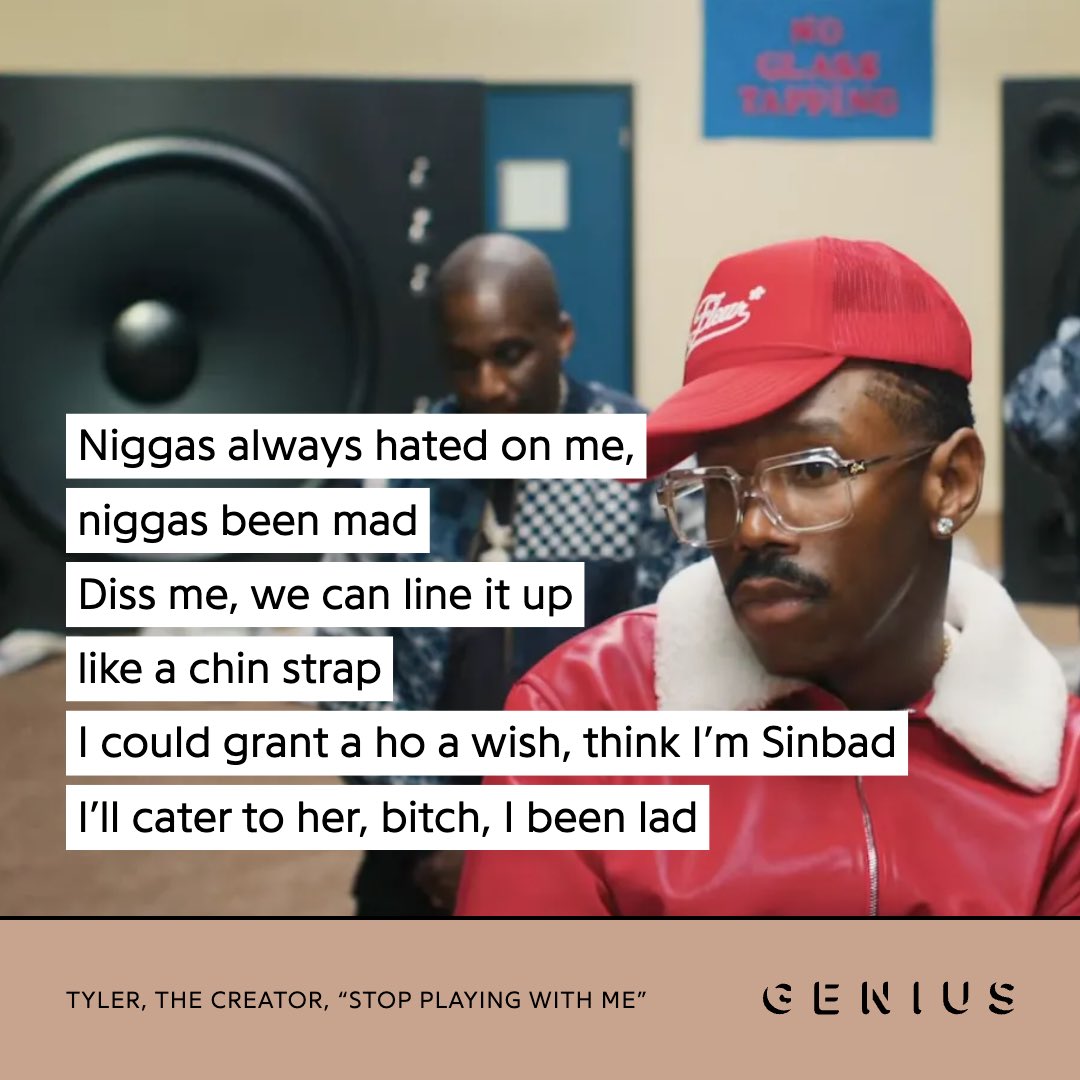 Genius's tweet image. what’s your favorite verse from #tylerthecreator’s ‘don’t tap the glass’ 👇🗣️