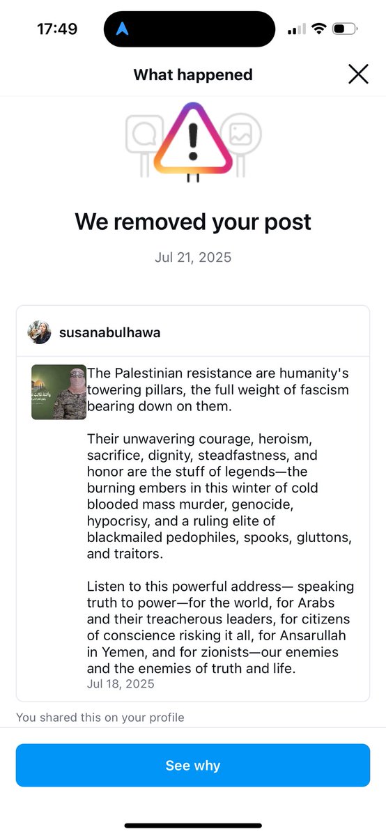 susanabulhawa's tweet image. Meta removed my post on Abu Obeida’s speech. These companies keep showing us who controls them.