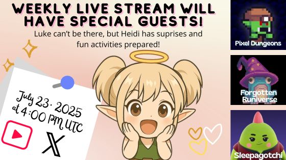 julianasnav's tweet image. ‼This week’s @pixels_online 's Weekly Live Stream will be a little different:
Luke won’t be around, but @heidichristne has something awesome planned and she’s bringing special guests 🤩
Imagine @pixel_dungeons @sleepagotchi and @RuniverseGame devs together? 👀
👉When? July 23…