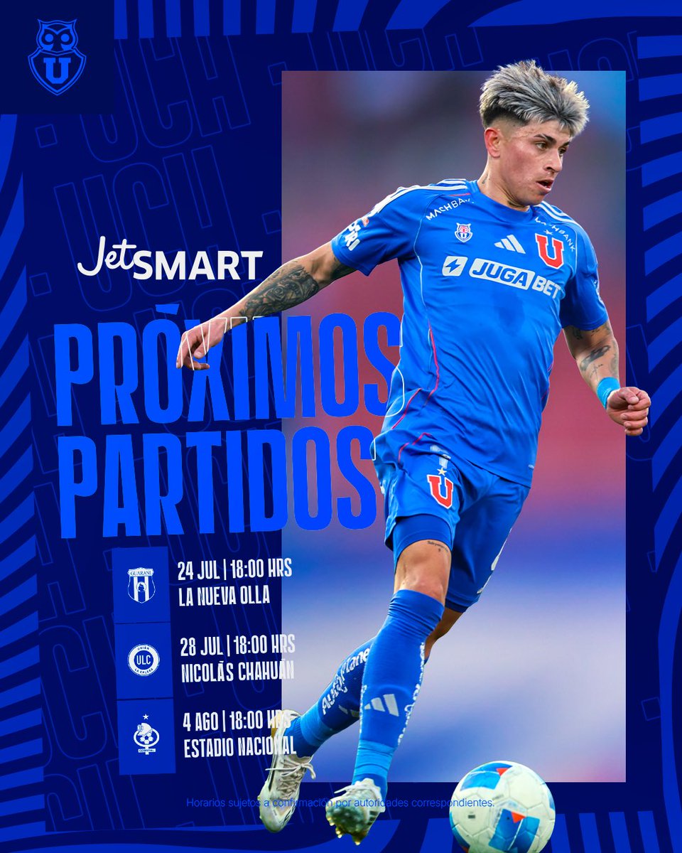 udechile's tweet image. 🔜 𝐏𝐑𝐎́𝐗𝐈𝐌𝐎 𝐏𝐀𝐑𝐓𝐈𝐃𝐎 ⚽️
🆚 Guaraní
📆 24/07
🕕 18:00 hrs.
🏟️ Estadio La Nueva Olla
Presentado por @VuelaJetSMART ✈️
#VamosLaU 🤘🏼