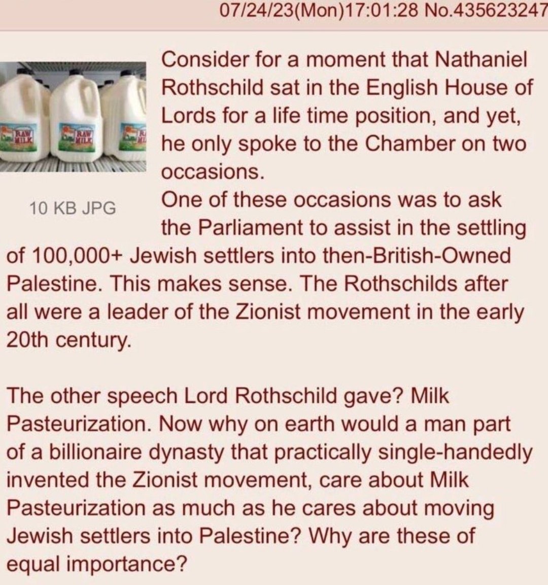 Red_Pill_US's tweet image. Lord Rothschild spoke in Parliament only twice: once to discuss the establishment of the state of Israel and once to advocate for milk pasteurization.
Let that sink in.
"Control the food, control the people."