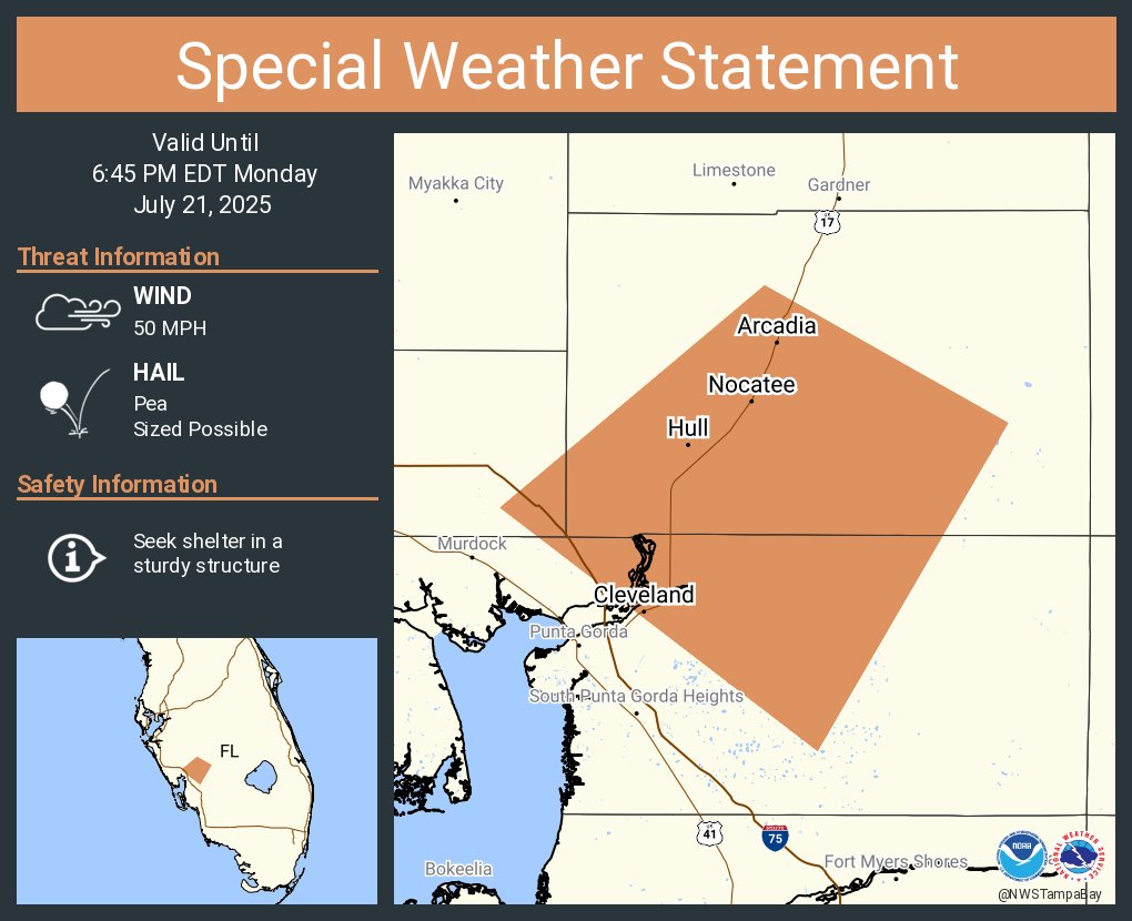 NWSTampaBay's tweet image. A special weather statement has been issued for Arcadia FL, Nocatee FL and Cleveland FL until 6:45 PM EDT