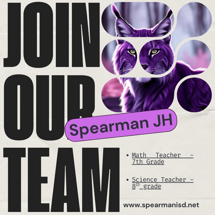 Spearman_Lynx's tweet image. 🚨We're Hiring!🚨
Spearman Junior High (Spearman ISD) is looking for a dedicated 7th Grade Math and 8th Grade Science Teacher to join our team!
Apply online: https://
spearmanisd.tedk12.com/hire/index.aspx