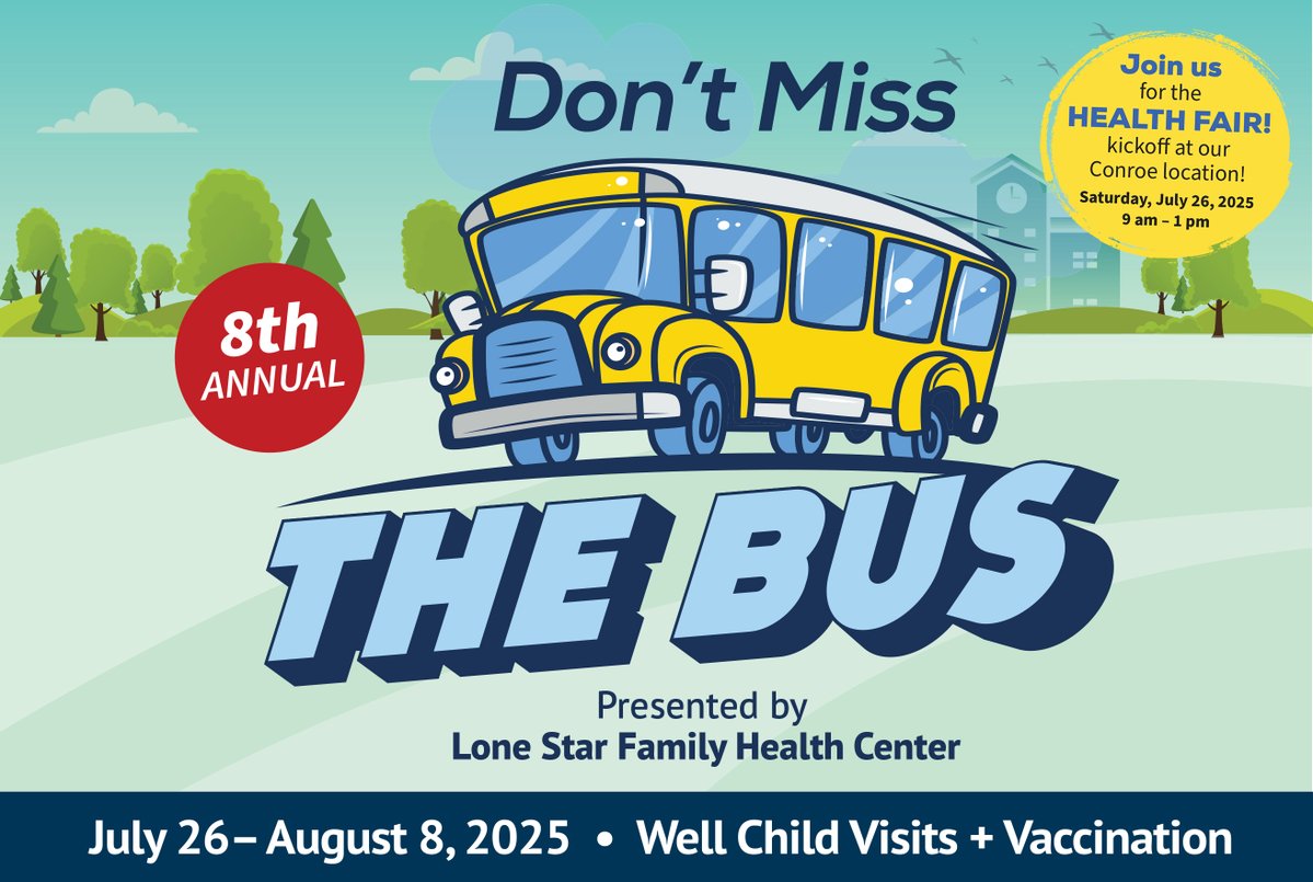 LoneStarHealth's tweet image. 🏫🍎Before the first bell of the school year rings, take the opportunity of free well child visits and vaccinations offered to uninsured children at Lone Star Family Health Center’s 8th Annual Don’t Miss the Bus event from July 26 through Aug. 8, 2025.
And join us for a FREE…