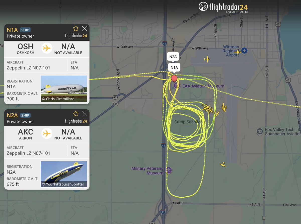 flightradar24's tweet image. Double blimpin’ with Goodyear at #OSH25. flightradar24.com/multiview/3b5c…
