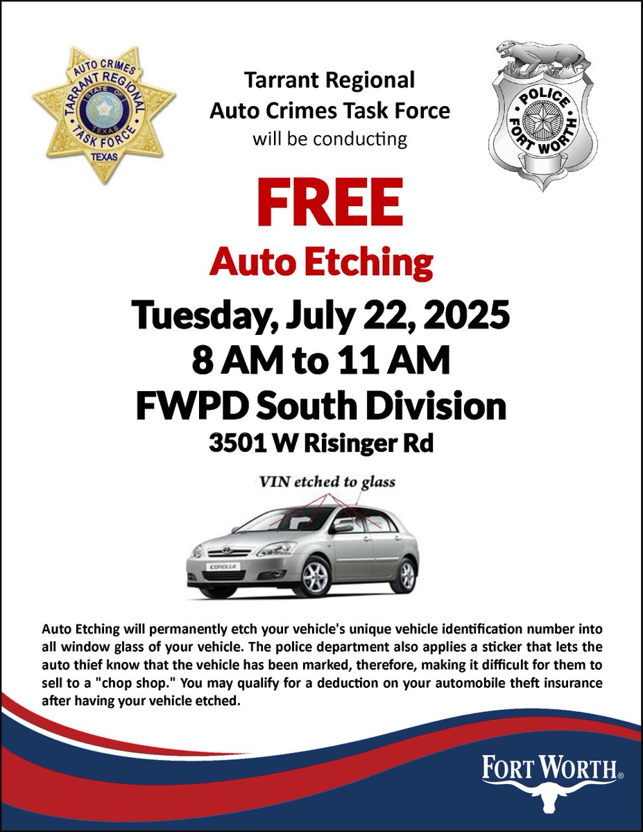 fortworthpd's tweet image. Help protect yourself from auto theft!
Tarrant Regional Auto Crimes Task Force will be hosting an Auto Etching event at the FWPD South Division.
get your vehicle VIN etched FOR FREE!
TOMORROW at FWPD South Division!!