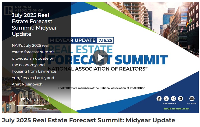 NAR_Research's tweet image. NAR's July 2025 real estate forecast summit provided a midyear update on the economy and housing from Chief Economist Lawrence Yun, Deputy Chief Economist Jessica Lautz, and Economist Anat Nusinovich.
Watch the recording: nar.realtor/videos/july-20…