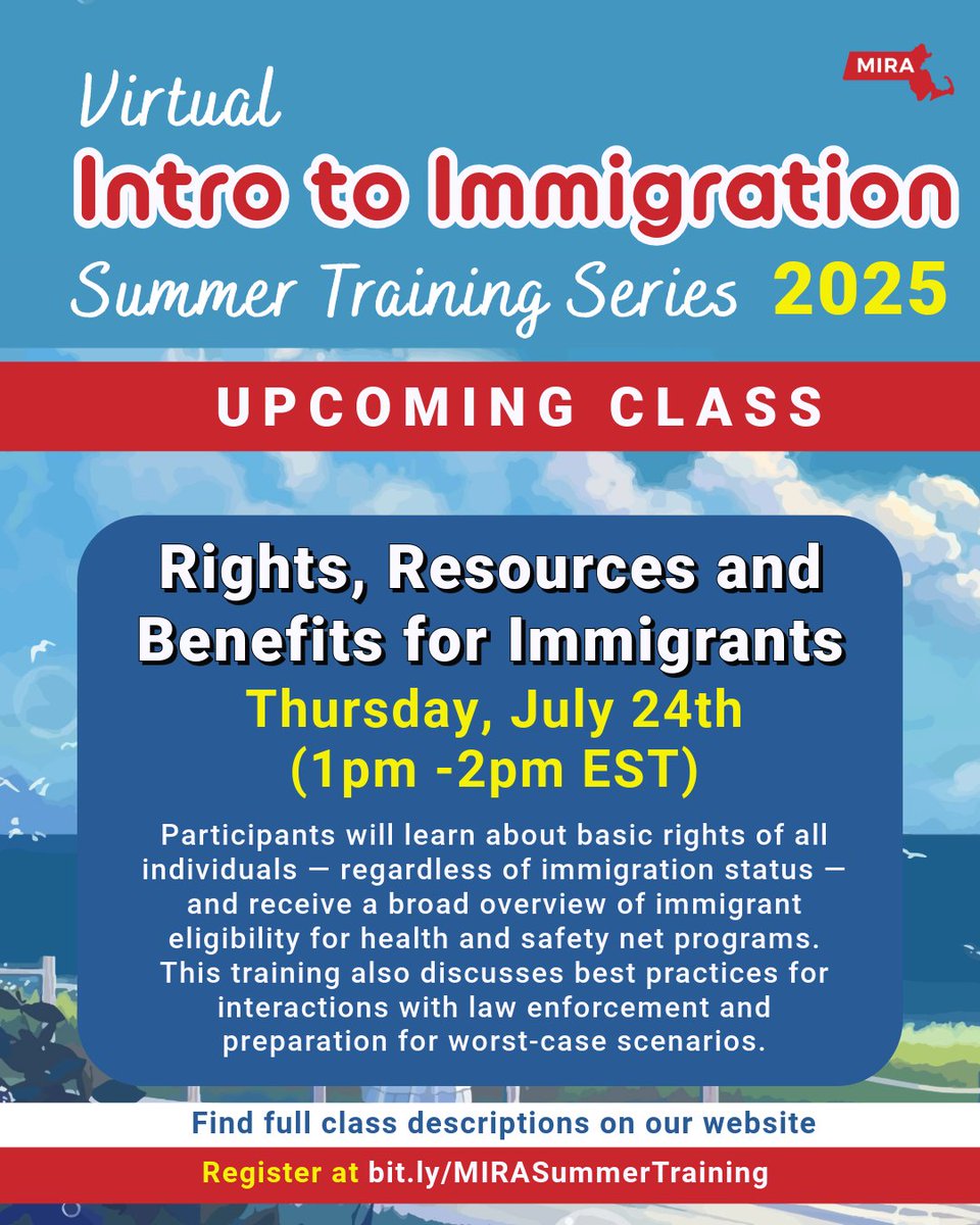 MIRACoalition's tweet image. Join us this week for the 'Intro to Immigration' training ✨available in both English & Spanish✨
➡️ To learn more information about classes and registration, visit bit.ly/MIRASummerTrai…