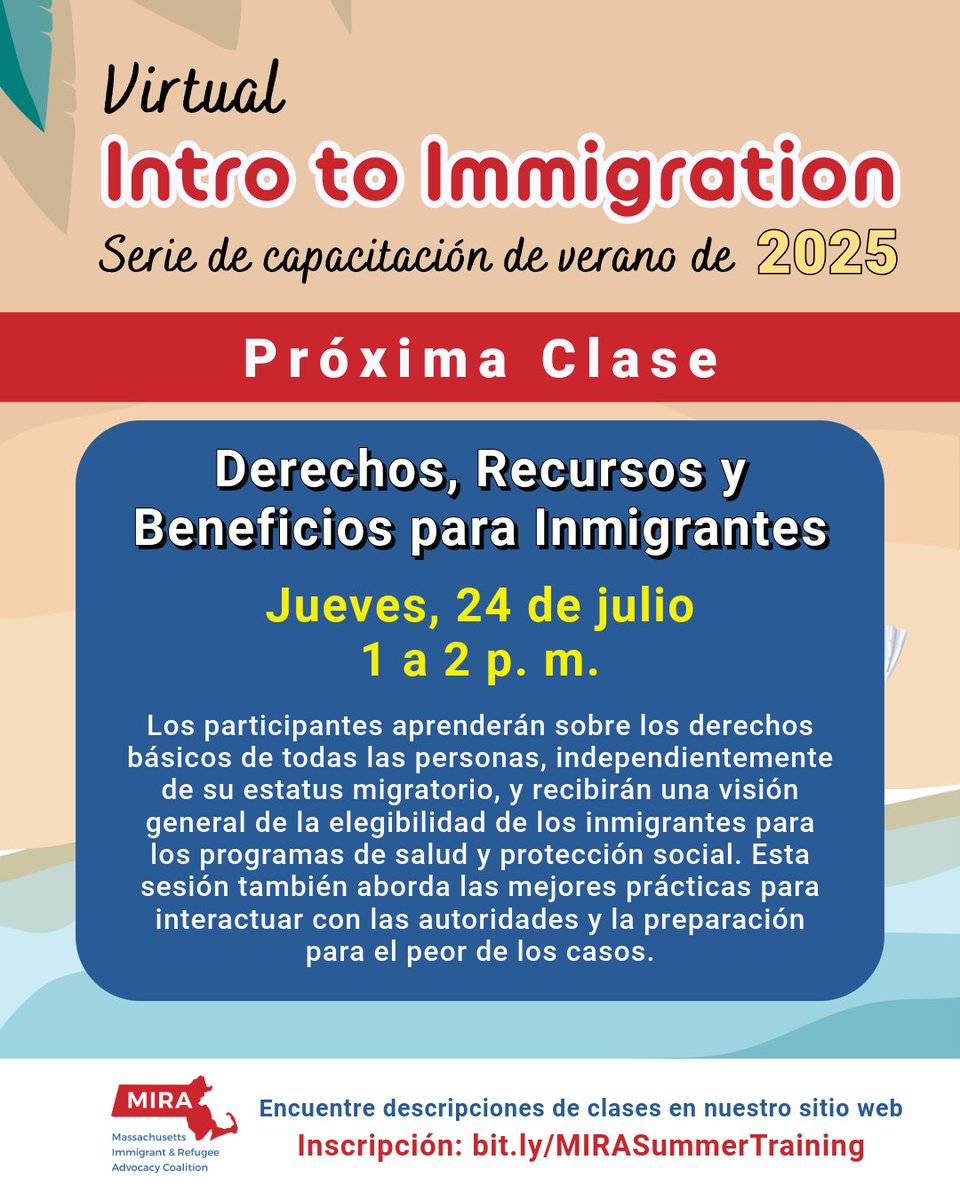 MIRACoalition's tweet image. Join us this week for the 'Intro to Immigration' training ✨available in both English & Spanish✨
➡️ To learn more information about classes and registration, visit bit.ly/MIRASummerTrai…