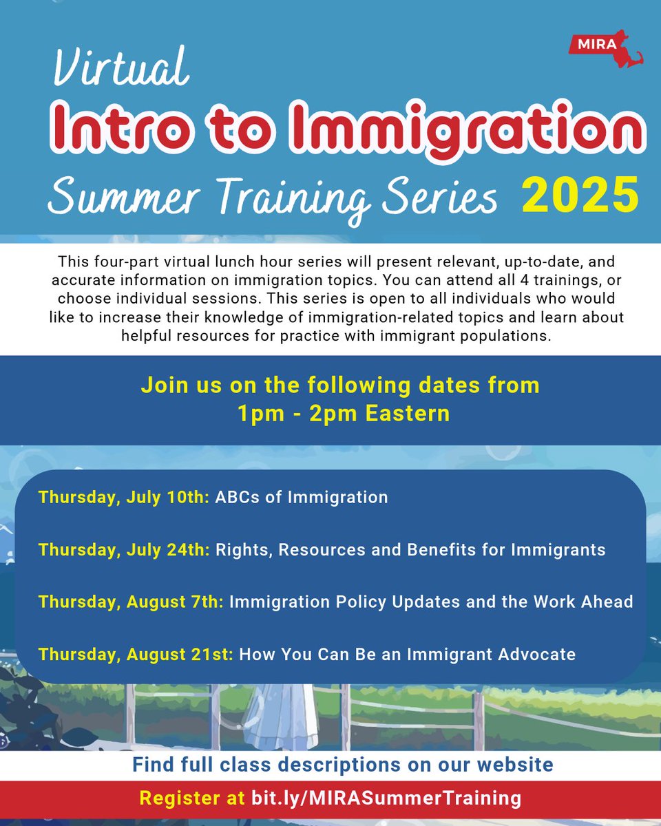 MIRACoalition's tweet image. Join us this week for the 'Intro to Immigration' training ✨available in both English & Spanish✨
➡️ To learn more information about classes and registration, visit bit.ly/MIRASummerTrai…