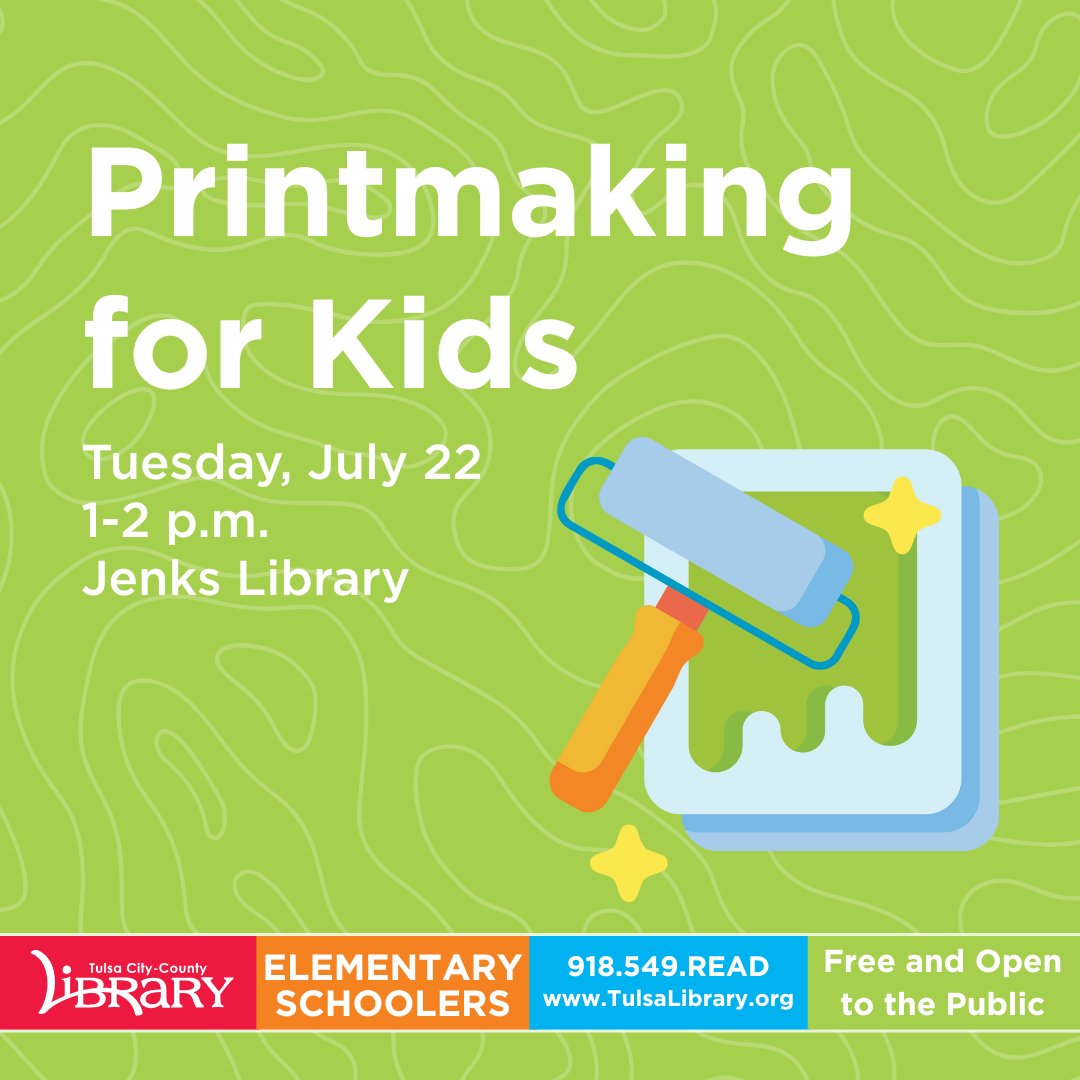 tulsalibrary's tweet image. Your little artist can learn about the techniques of printmaking at Jenks Library tomorrow! Check out tulsalibrary.org/events for more information.