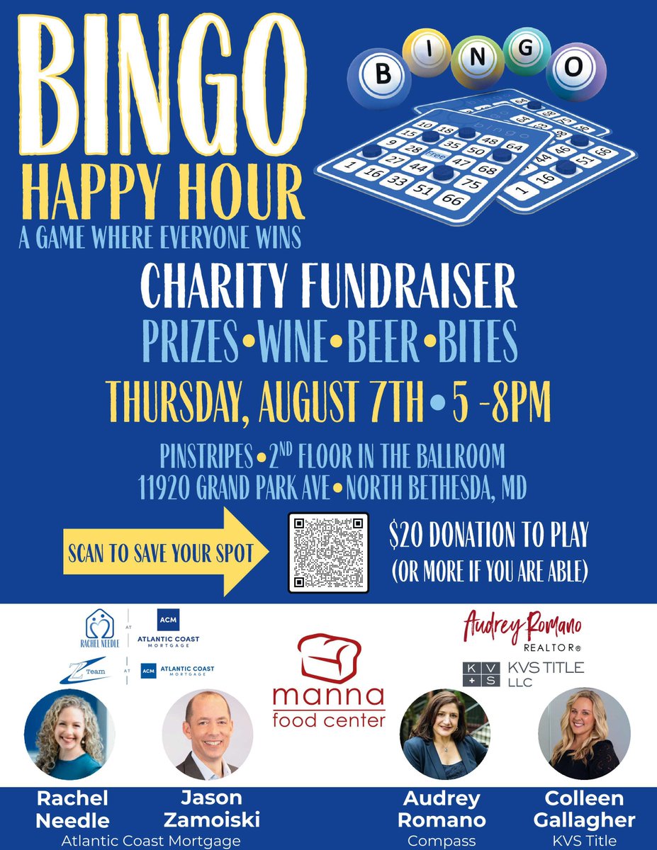 Manna Food Center (@mannafoodcenter) on Twitter photo BINGO HAPPY HOUR is on! ๐
Rachel Needle and Jason Zamoiski from <a href="/ACMlending/">Atlantic Coast Mortgage, LLC</a>, Audrey Romano from Compass, and Colleen Gallagher from KVS Title, LLC are teaming up for a night of fun, all to support our mission!
Save your spot here ๐ bit.ly/417IrTZ BINGO HAPPY HOUR is on! ๐
Rachel Needle and Jason Zamoiski from <a href="/ACMlending/">Atlantic Coast Mortgage, LLC</a>, Audrey Romano from Compass, and Colleen Gallagher from KVS Title, LLC are teaming up for a night of fun, all to support our mission!
Save your spot here ๐ bit.ly/417IrTZ