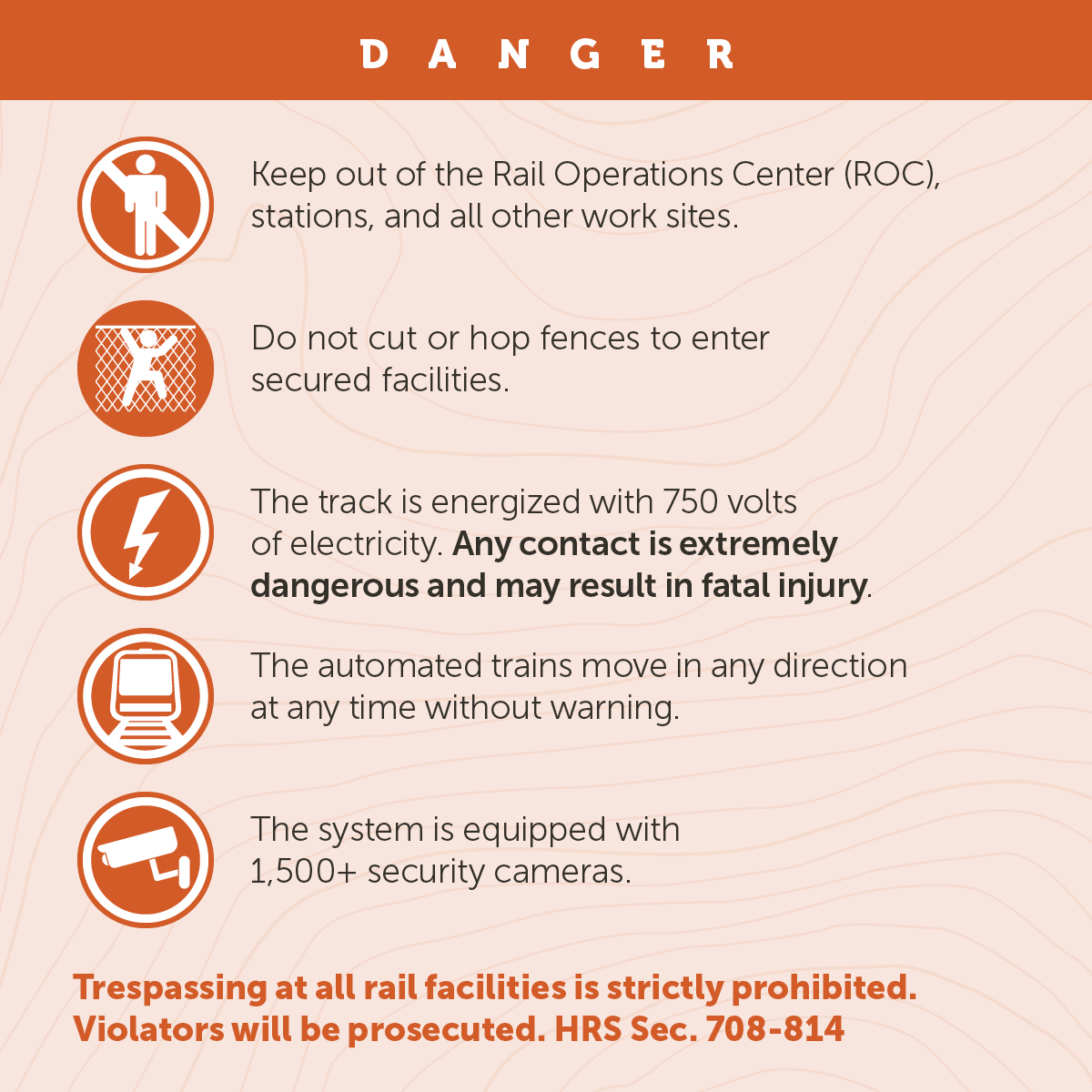 The 2nd segment of the rail system between the Aloha Stadium and the Middle Street Transit Center Station is energized with 750 V of electricity at all times. Any contact with the third rail is extremely dangerous and may result in fatal injury.

#RailSafety #hnlrail #Hazards