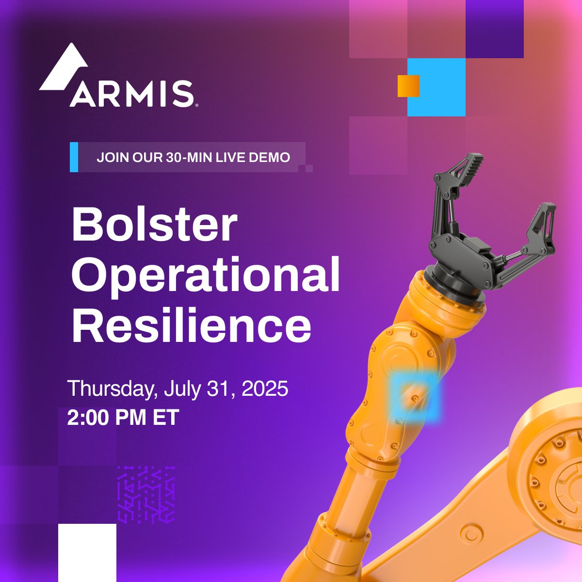 ArmisSecurity's tweet image. Discover, classify and get rich context for every OT asset.
Join us for a 30-minute live demo on Thursday, July 31, 2025 at 2:00 PM ET to find out how to unlock better operational and cyber resilience in your OT environment. During the demo, we'll showcase:
Comprehensive Asset…