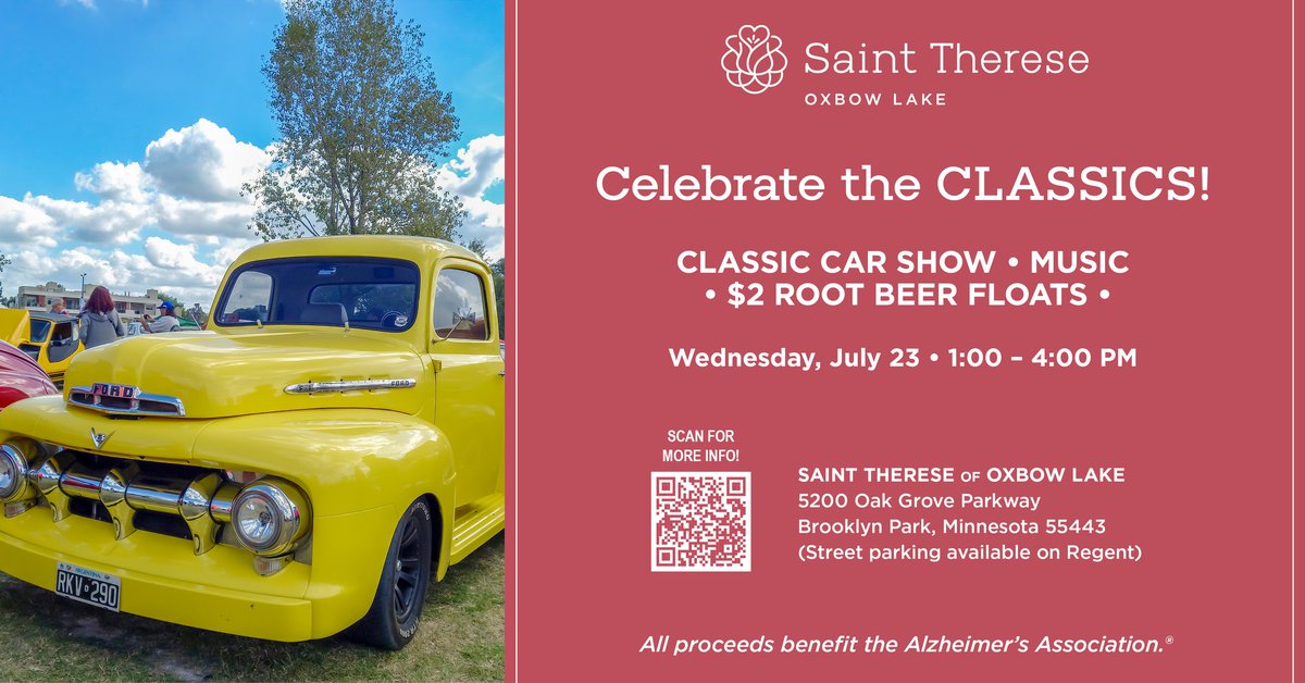 HandsOn Twin Cities (@hotc) on Twitter photo Volunteers needed this Wed for the Classic Car Show at Saint Therese of Oxbow Lake! Enjoy live music & $2 root beer floats. Proceeds benefit the Alzheimer’s Association. Help needed between 12:30–4 PM. Contact Jamie Schlough at jamies@sainttherese.org to sign up. Volunteers needed this Wed for the Classic Car Show at Saint Therese of Oxbow Lake! Enjoy live music & $2 root beer floats. Proceeds benefit the Alzheimer’s Association. Help needed between 12:30–4 PM. Contact Jamie Schlough at jamies@sainttherese.org to sign up.