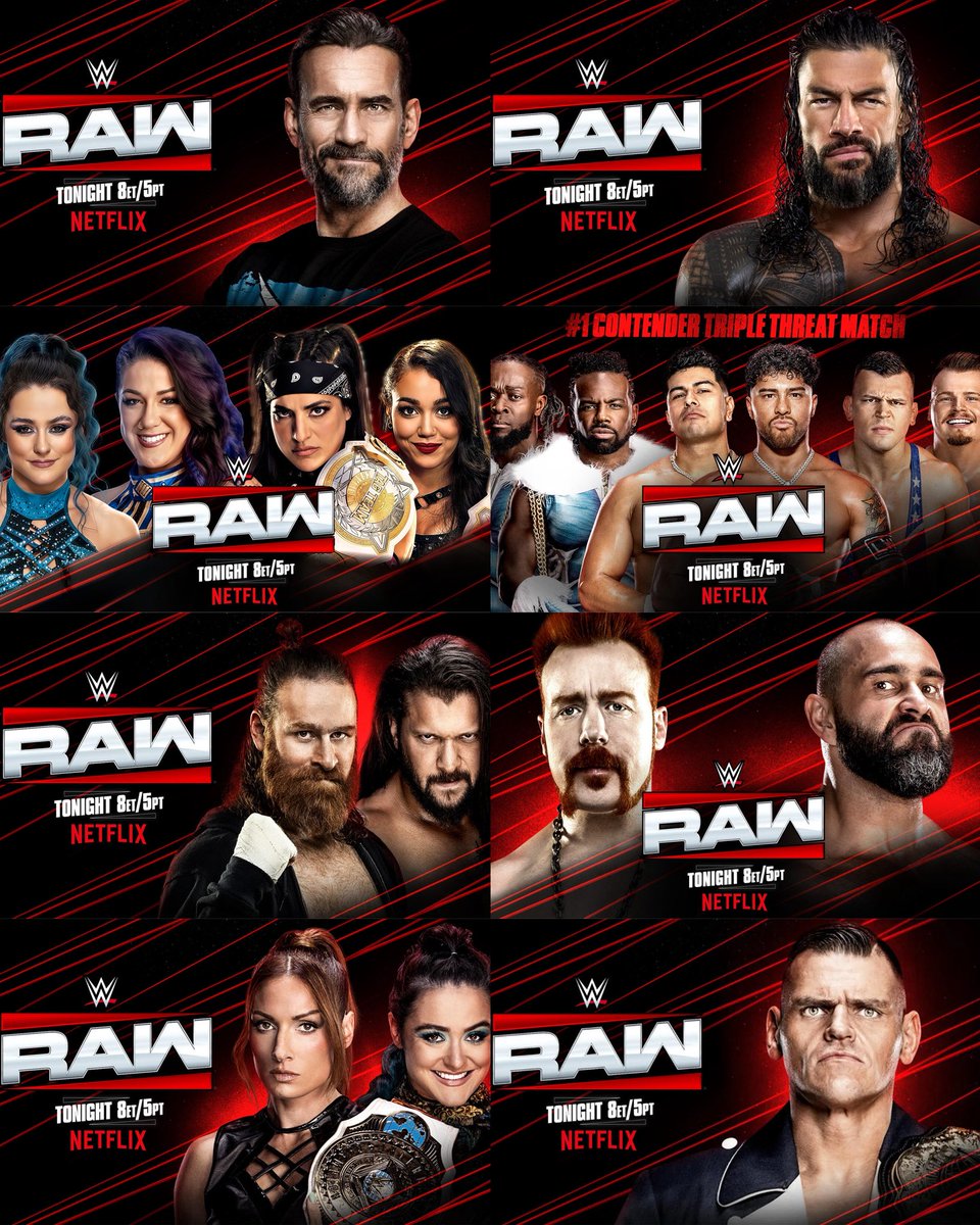 SmackWrestling's tweet image. Esta noche en #WWERaw #RawOnNetflix
🎙️ CM Punk abrirá el show
🎙️ Roman se dirigirá a Heyman
🏆 Bayley y Lyra vs Roxanne y Raquel
🏆 LWO vs Creed Brothers vs New Day (retadores #1)
🔴 Sami vs Karrion
🔴 Sheamus vs Rusev
🎙️ Becky propondrá algo a Lyra
🔴 Gunther estará presente.