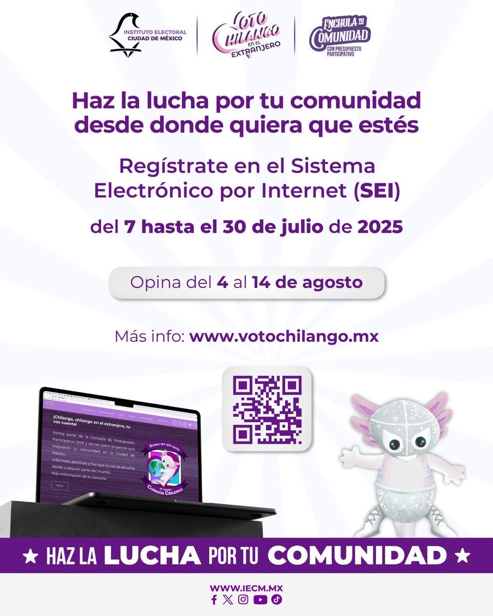 EmbaMexGua's tweet image. ¡Chilanga, chilango! 🫵🏻 El @iecm te invita a registrarte para emitir tu opinión en la Consulta de #PresupuestoParticipativo
📲🗳️: iecm.mx/www/sites/cons…
Haz la lucha por tu comunidad y fortalece el @VotoChilango al rededor del mundo. 🌎
🗓️¡Tienes hasta el 31 de julio!