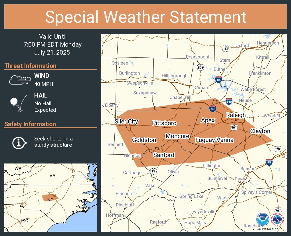 NWSRaleigh's tweet image. A special weather statement has been issued for Raleigh NC, Cary NC and Apex NC until 7:00 PM EDT