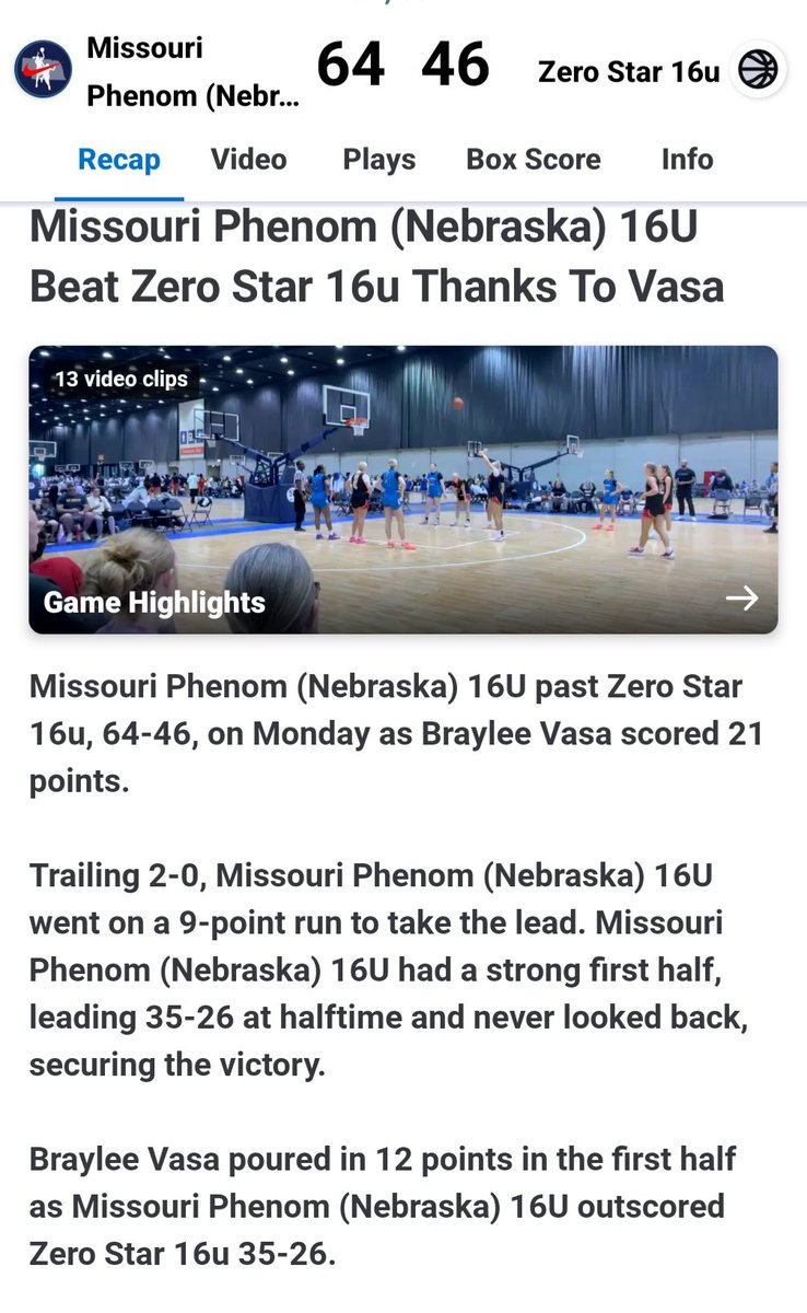 crva51's tweet image. Game 6- Nike tournament of champions!
@BrayleeVasa
21pts/ 8 reb/ 3stl
@MissouriPhenom