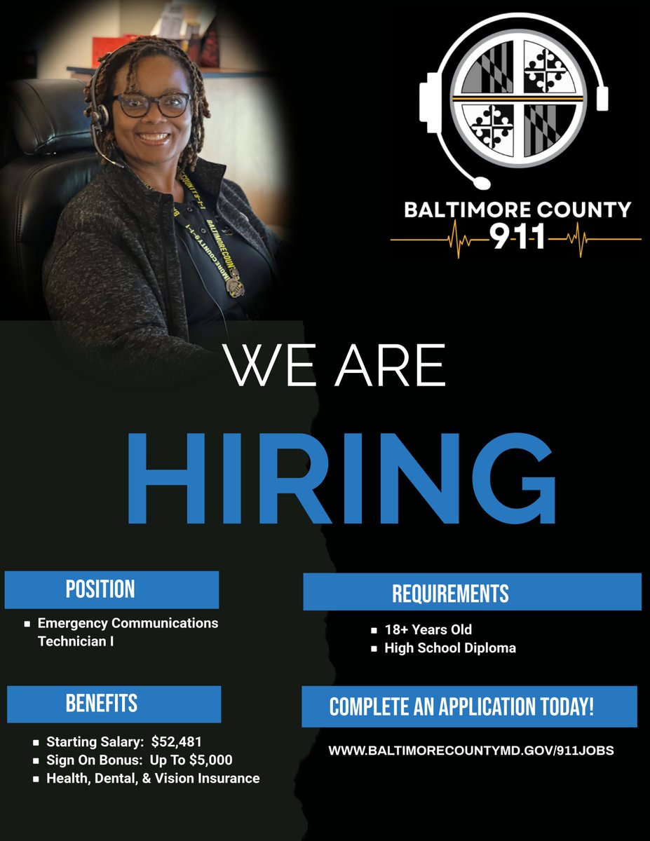 BaltCoFire's tweet image. Join Our Awesome 911 Team! If You Don't Think You Have What It Takes, We Have An Extraordinary Team of Instructors That Will Set You Up For Success In Your New Career! It All Starts With Your Application,
Apply Today: baltimorecountymd.gov/911jobs
#NowHiring #911Careers