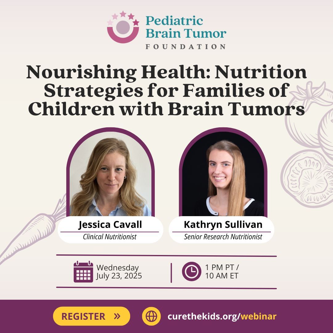 PBTF's tweet image. If you care for a child with a brain tumor, don’t miss this important – and FREE – webinar on how nutrition can support immunity, healing, and recovery during every stage of treatment.
Register now now at buff.ly/UaZRFCo. There’s still time to save your spot!