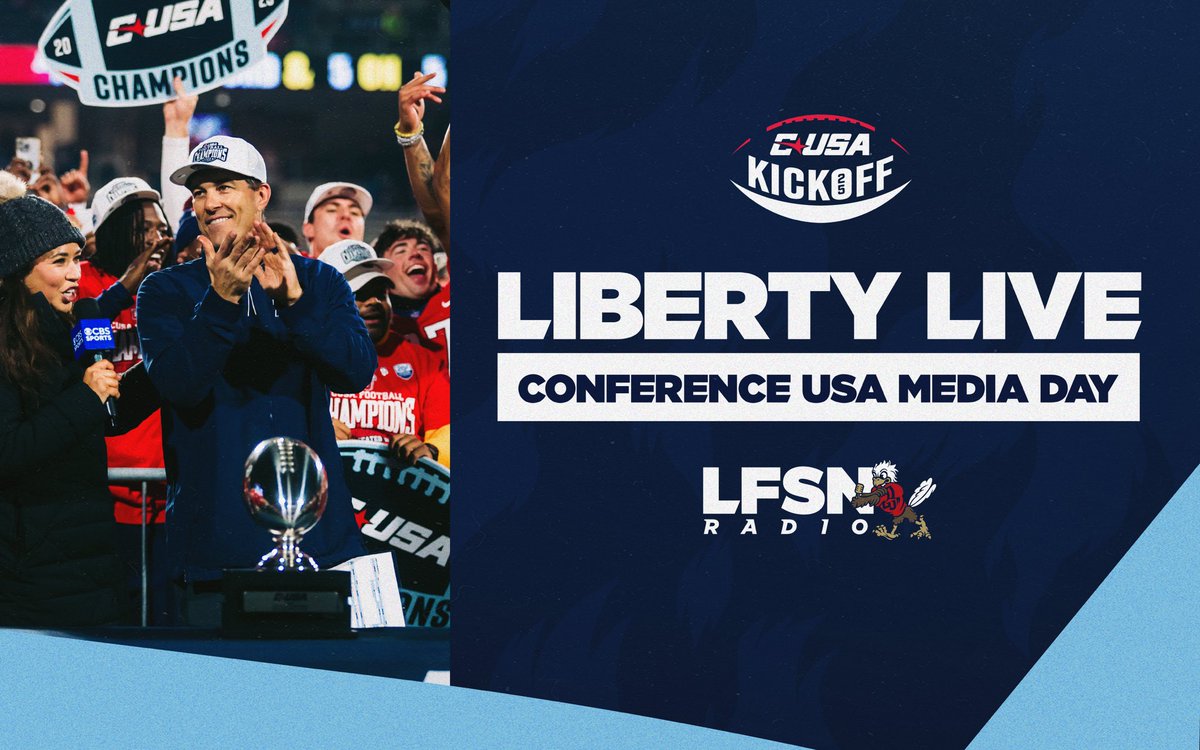 Liberty Flames Sports Network from Van Wagnerππ» (@lfsnradio) on Twitter photo Join us tomorrow 10:30am ET on the <a href="/LibertyFootball/">Liberty Football</a> <a href="/facebook/">Facebook</a> page for live coverage of <a href="/ConferenceUSA/">Conference USA</a> Football Kick-Off in Frisco, TX. Guests include Flamesβ Head Coach <a href="/CoachChadwell/">Jamey Chadwell</a> and others! Join us tomorrow 10:30am ET on the <a href="/LibertyFootball/">Liberty Football</a> <a href="/facebook/">Facebook</a> page for live coverage of <a href="/ConferenceUSA/">Conference USA</a> Football Kick-Off in Frisco, TX. Guests include Flamesβ Head Coach <a href="/CoachChadwell/">Jamey Chadwell</a> and others!