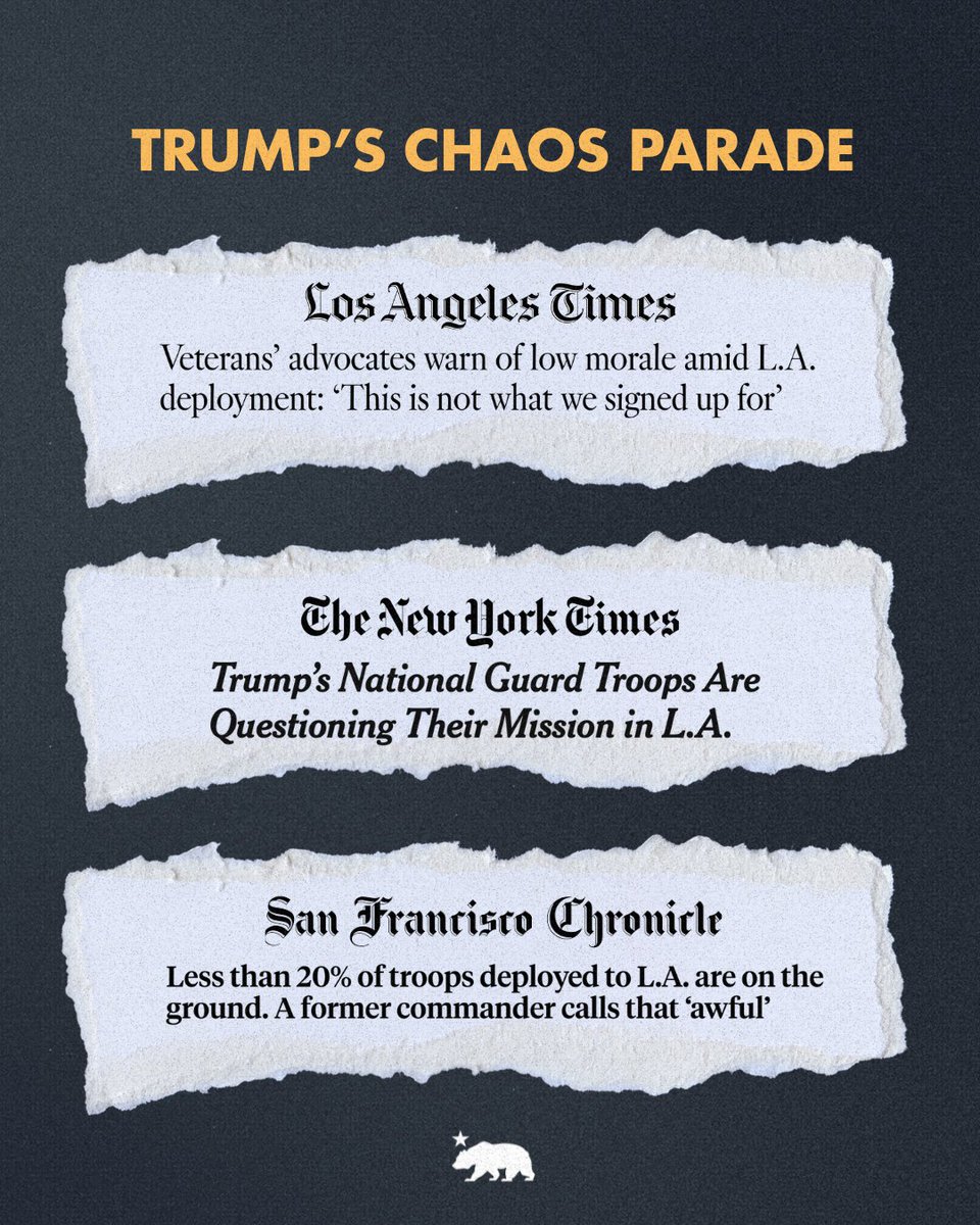 CAgovernor's tweet image. The brave women and men of the California National Guard deserve more than to continue serving as puppets in @realDonaldTrump and @StephenM’s political theater.
Stop this ridiculous show. Send every soldier home.