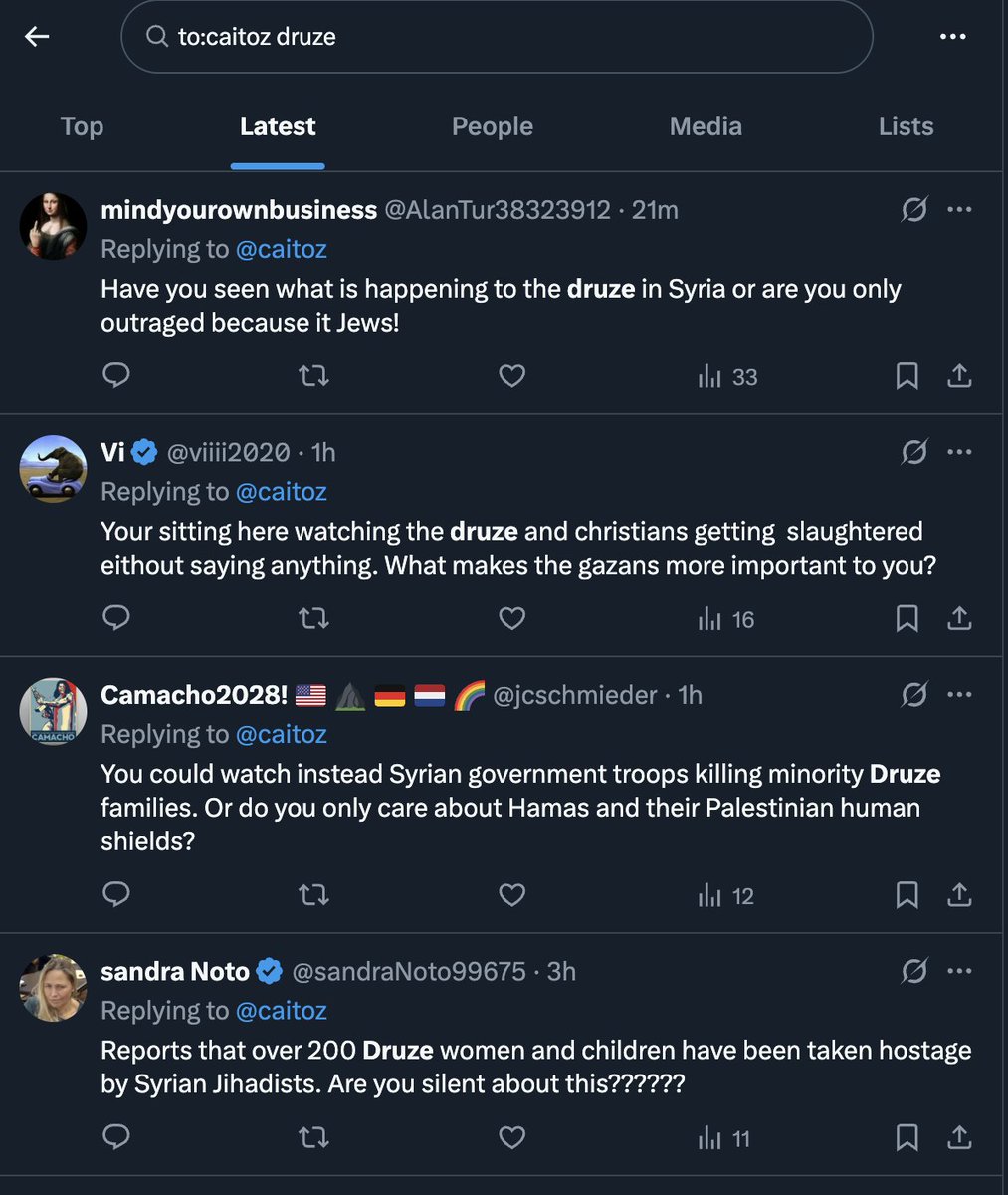 caitoz's tweet image. Israel apologists are yelling at me for talking about Israel's genocidal atrocities in Gaza instead of focusing on the Druze in Syria as though Netanyahu didn't publicly take credit for creating the situation in Syria.