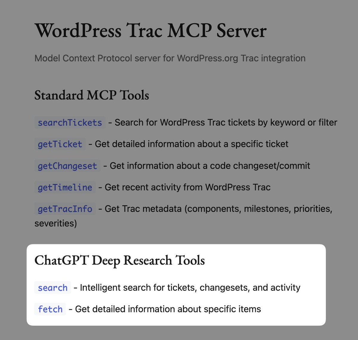 jameswlepage's tweet image. The WordPress Trac MCP server experiment should now support @ChatGPTapp
github.com/Jameswlepage/t…