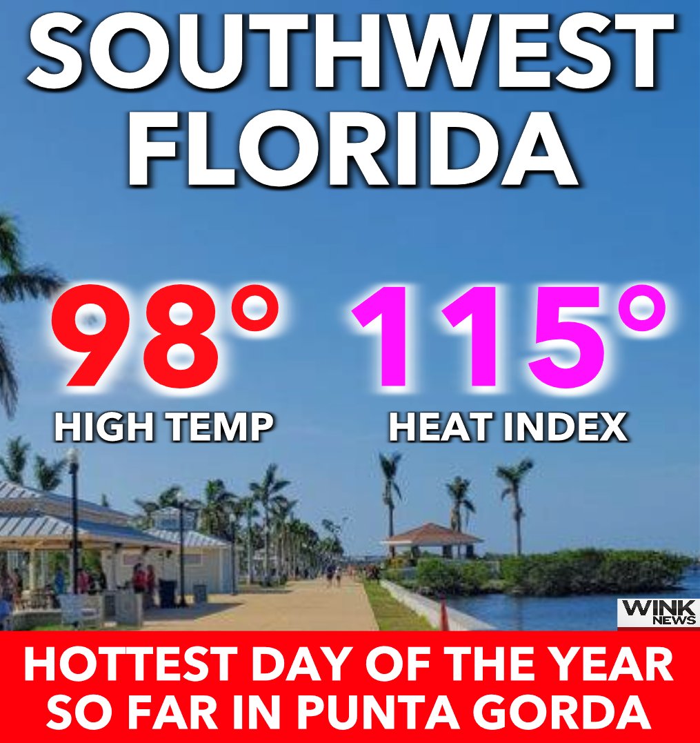 MattDevittWX's tweet image. IT'S OFFICIAL! 🥵Southwest Florida reached 98° in Punta Gorda today, hottest of the year so far. They also had a brutal heat index of 115°, 2nd highest on record for the city. @WINKNews