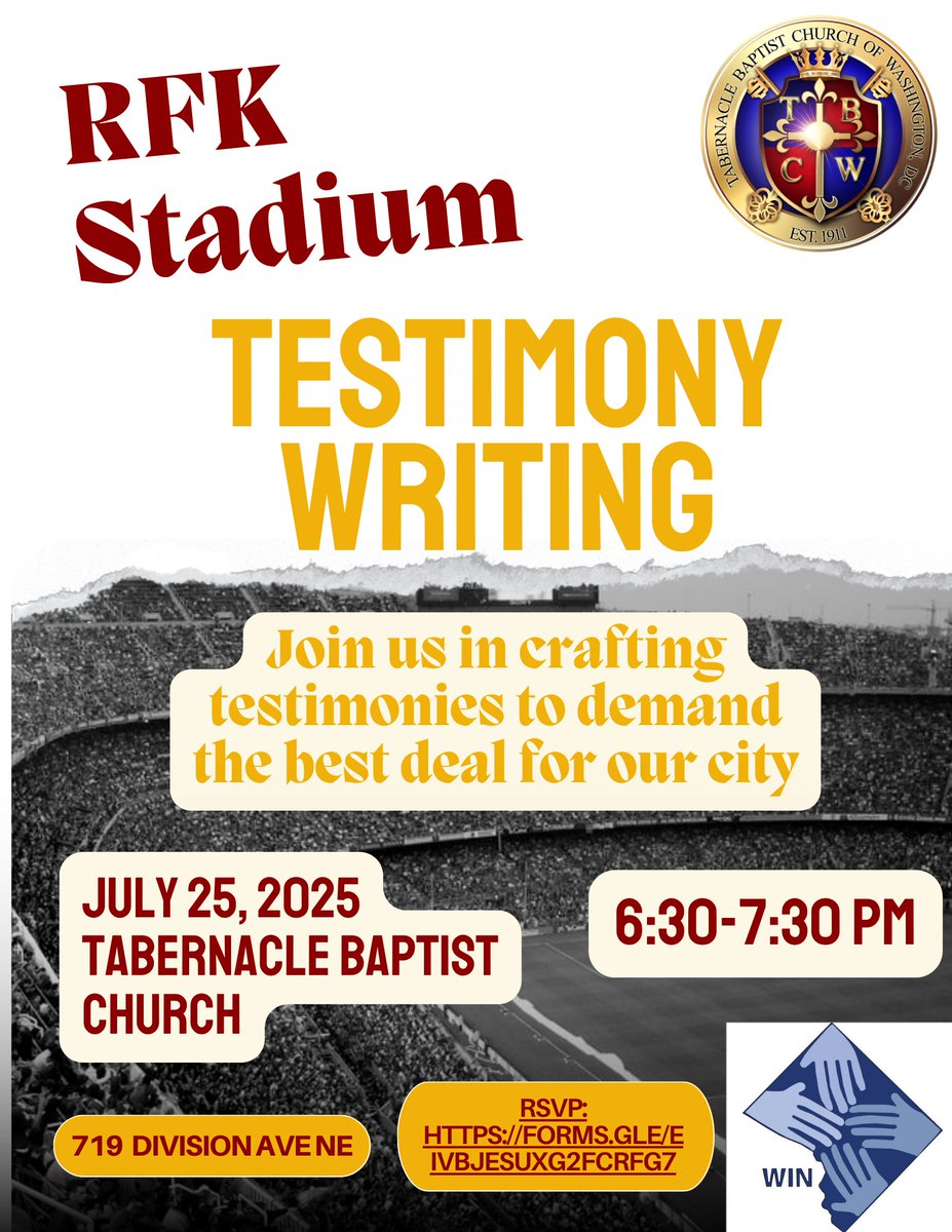 Stamper4DC's tweet image. 📣 Join us for RFK Stadium Testimony Writing!
🗓 Thu, July 25 | 6:30 PM – 7:30 PM
📍 Tabernacle Baptist Church (719 Division Ave NE)
✍️ Help craft testimonies demanding the best deal for our city
🔗 RSVP: forms.gle/eivbJesuxg2FCR…