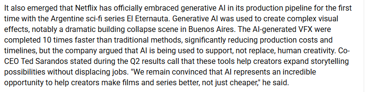 En la presentación de sus (buenos) resultados, Netflix destacó el caso del Eternauta como la primera producción en la cual se utilizó IA generativa para crear efectos visuales complejos.
csimagazine.com/csi/Netflix-ra…