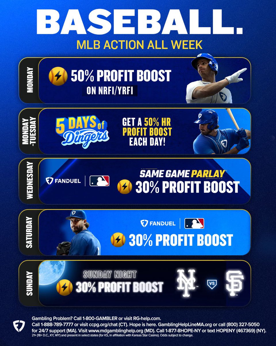 FDSportsbook's tweet image. BASEBALL. ALL. WEEK. 🔥
LET’S GET IT 👇
go.fanduel.com/promos