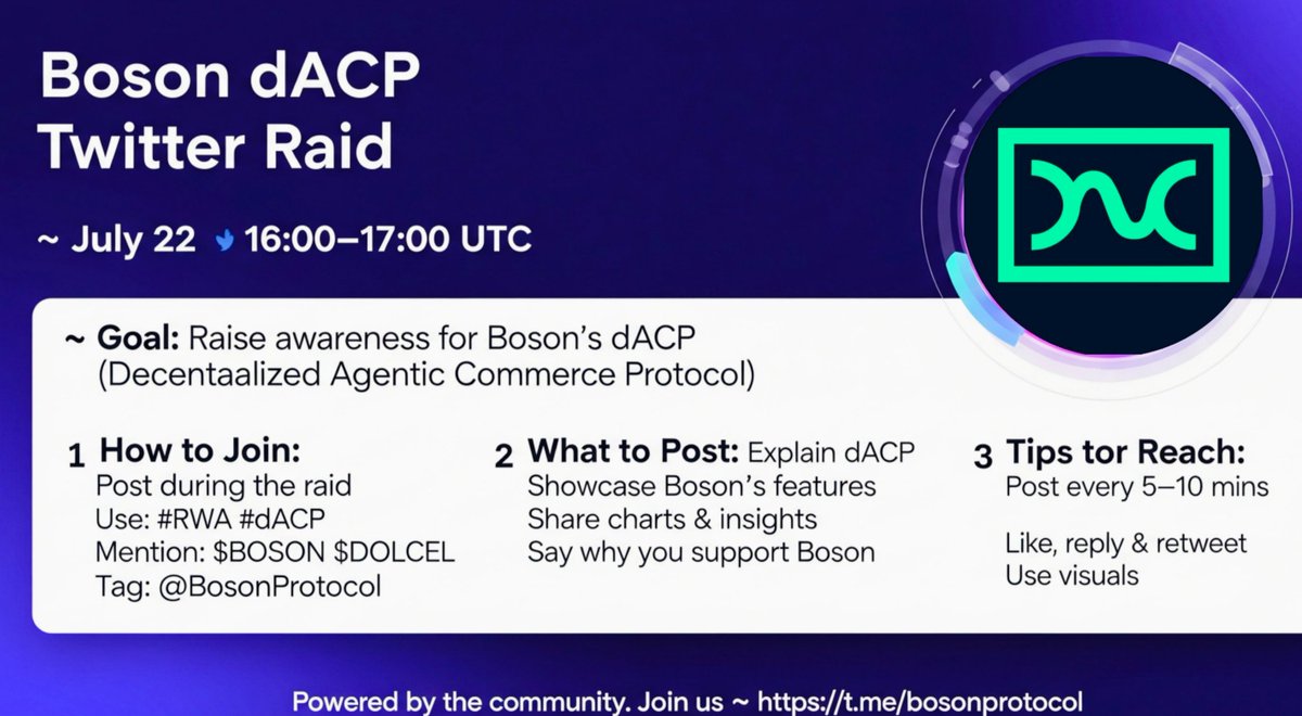 Been in this game long enough to know: visibility wins.

This Tuesday, July 22 at 16:00 UTC, we’re lighting up Twitter for Boson’s dACP drop, the protocol pushing decentralized commerce into the real world.

Powered by the community. Built for impact.

Use:
#RWA #dACP
Tag