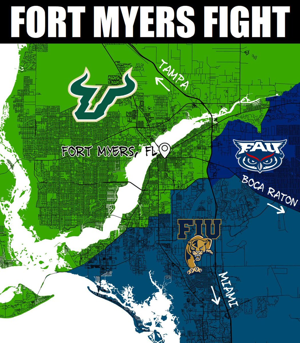 ThroneSpud's tweet image. Fort Myers, Florida falls between three universities down in southern Florida. USF, FAU, and FIU all are looking to claim that territory, and this battle will not be an easy one to win. USF is seen one of the more talented group of 5 teams but has a super tough schedule while FAU…