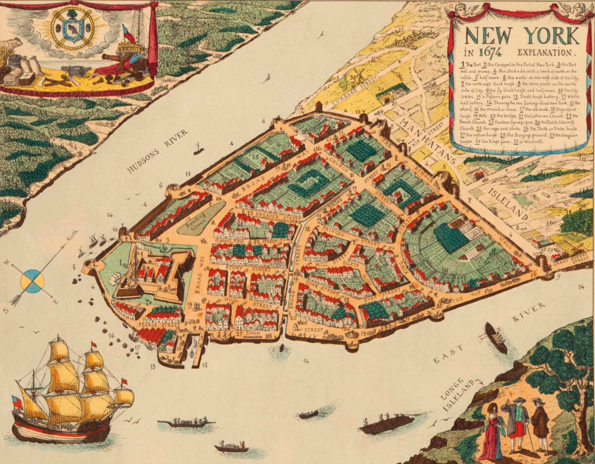 simongerman600's tweet image. Which modern landmarks can you locate on this vintage map of Lower Manhattan from 1674?