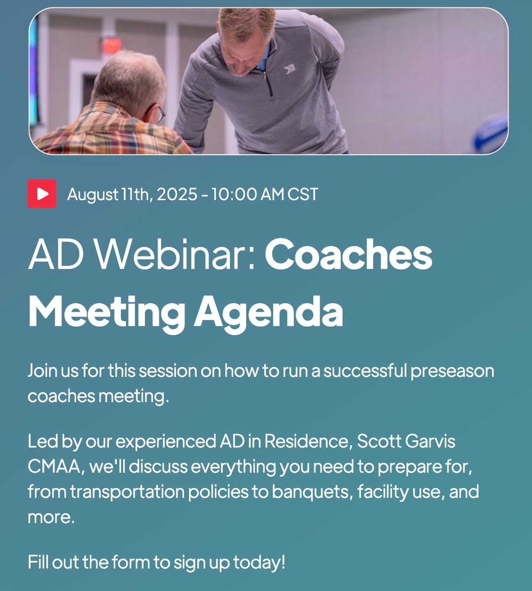 PocketAD_'s tweet image. AD Webinar: Coaches Meeting Agenda: Join us for this session on how to run a successful preseason coaches meeting. We'll discuss everything you need to prepare for, for your Coaches Meeting & more. Fill out the form to sign up today!
lets.gobound.com/coaches-meetin…