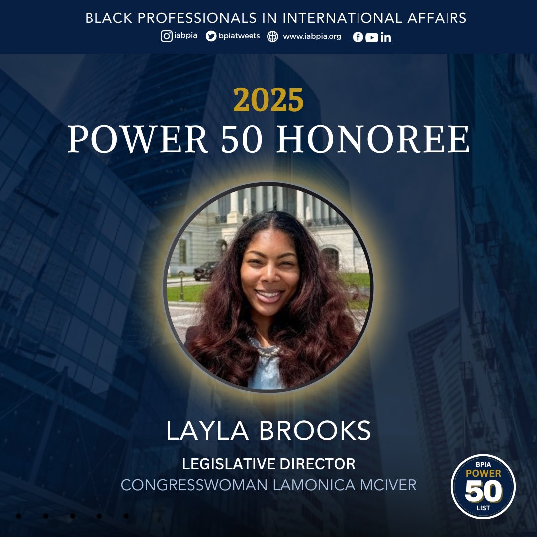 RepLaMonica's tweet image. Congratulations are in order: My Legislative Director, Layla Brooks, was honored on @BPIAtweets Power 50 list of Black professionals in international affairs. Thank you, Layla, for contributing so much to our team. We appreciate you and all you do for NJ-10!
