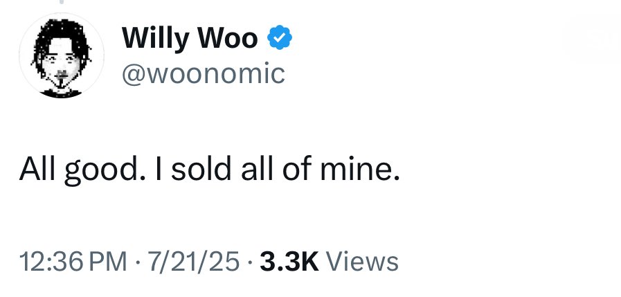 TheBTCTherapist's tweet image. JUST IN: Well known investor and crypto trader, Willy Woo, says he sold all of his Bitcoin.