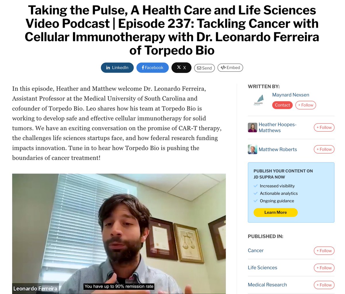 enhancerleo's tweet image. Thank you Maynard Nexsen for the opportunity to speak on Taking the Pulse - A Health Care and Life Sciences Podcast about Torpedo Bio's work on tackling cancer with cellular immunotherapy! #immunologymatters
youtube.com/watch?v=R1jxDJ…