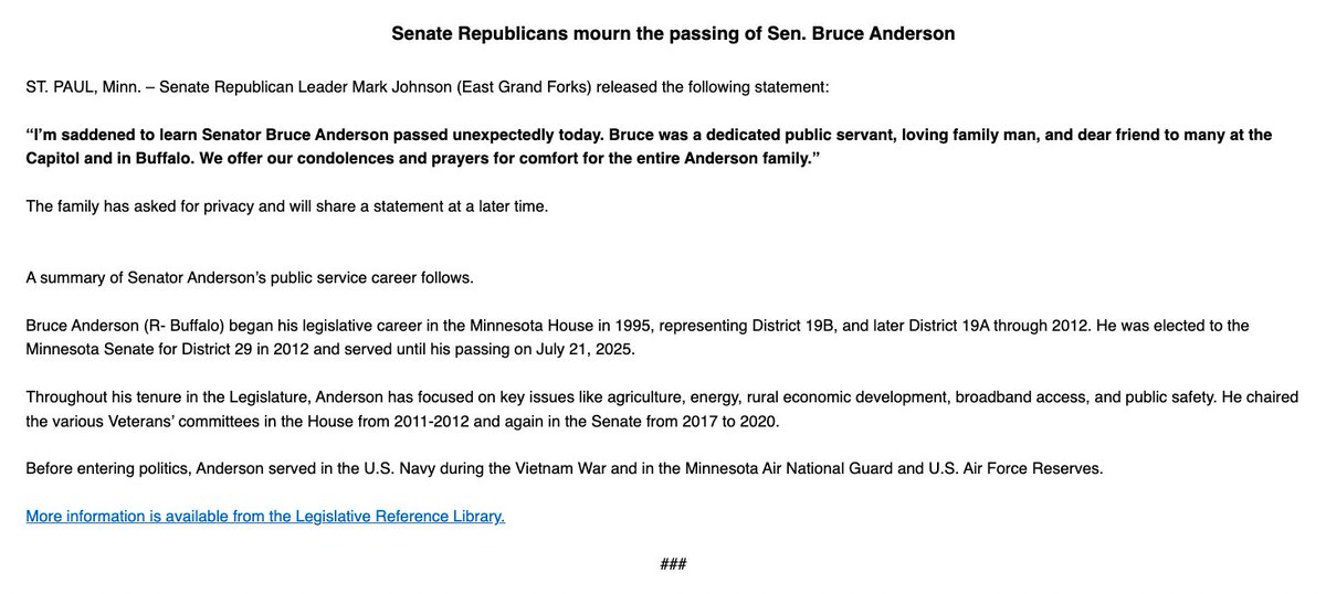 AlphaNewsMN's tweet image. Minnesota Senate Republican Leader Mark Johnson confirms that Sen. Bruce Anderson of Buffalo has passed away.