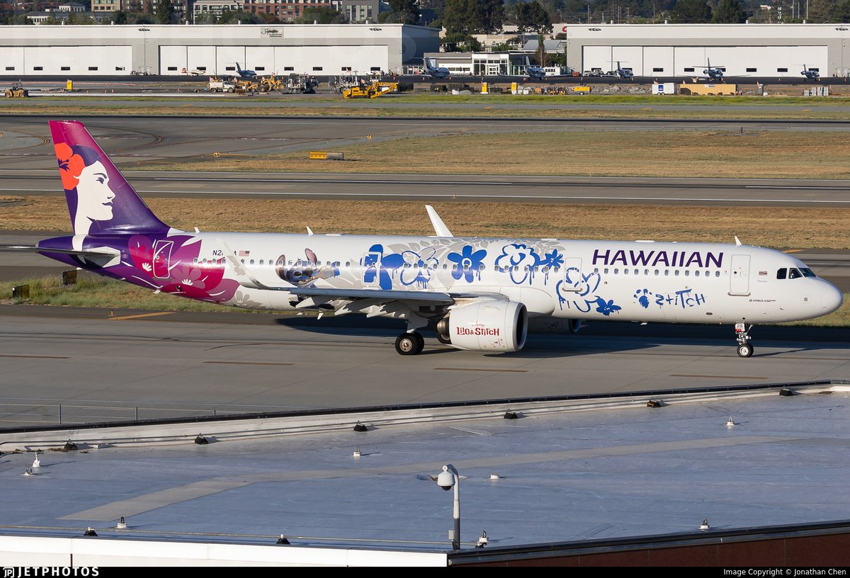 JetPhotos's tweet image. Hawaiian Airlines’ special Stitch livery A321neo in San Jose. jetphotos.com/photo/11765447 © Jonathan Chen
